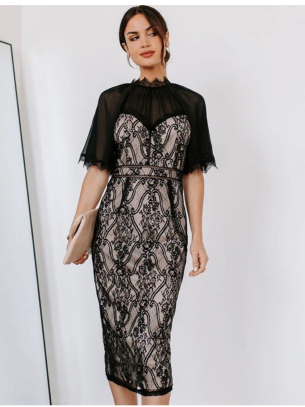 Vici Black Lace Midi Dress with Sheer Capelet - Picture 2 of 6